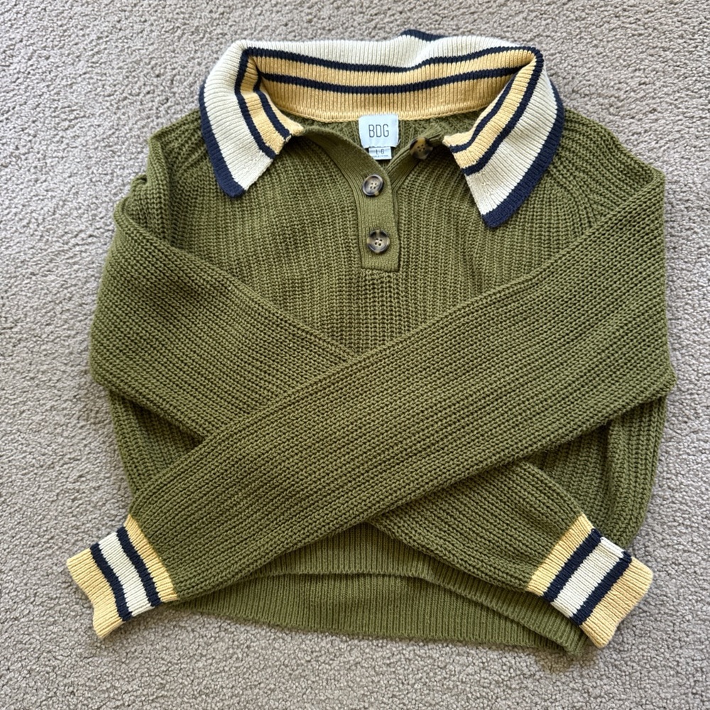 BDG Olive Knit Sweater with Striped Collar